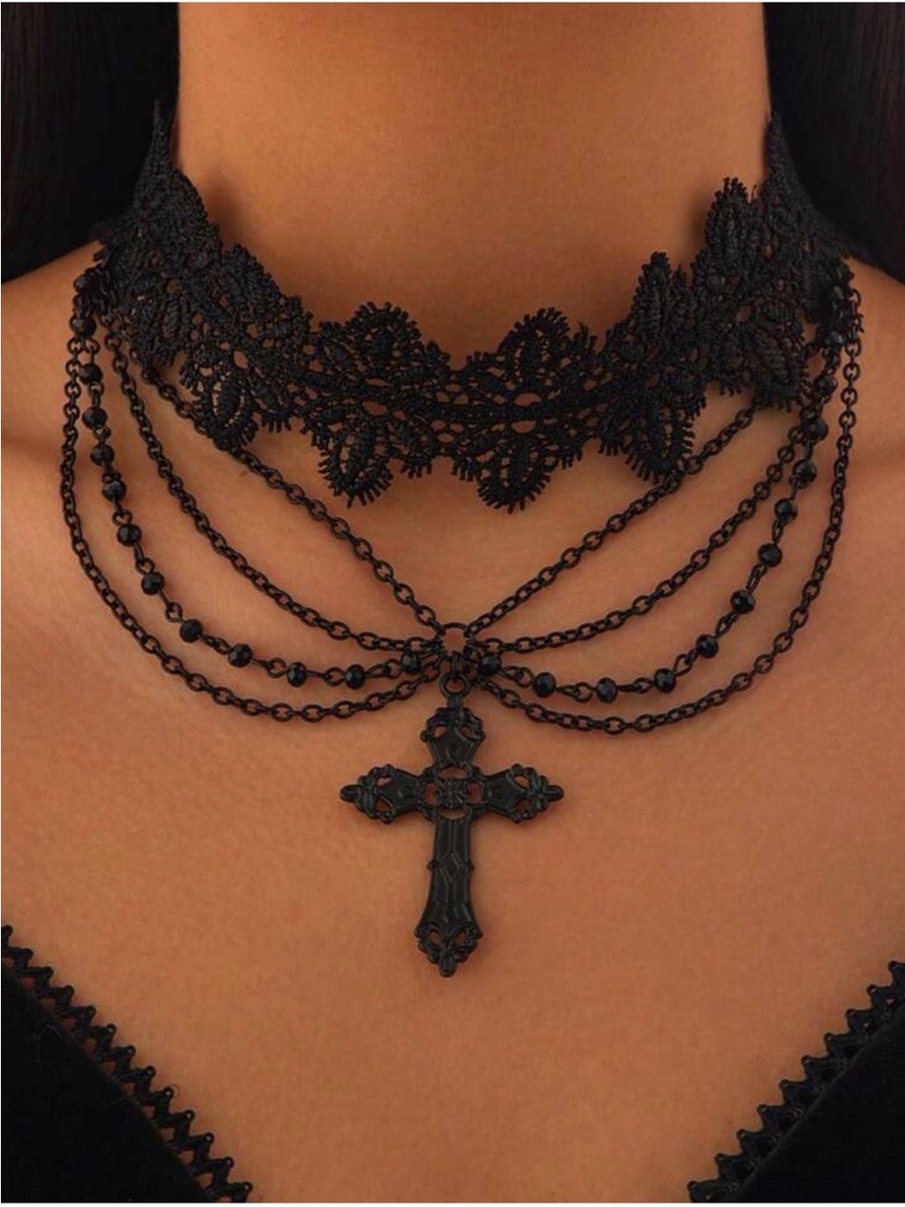 Black Lace Gothic Cross Choker Necklace -